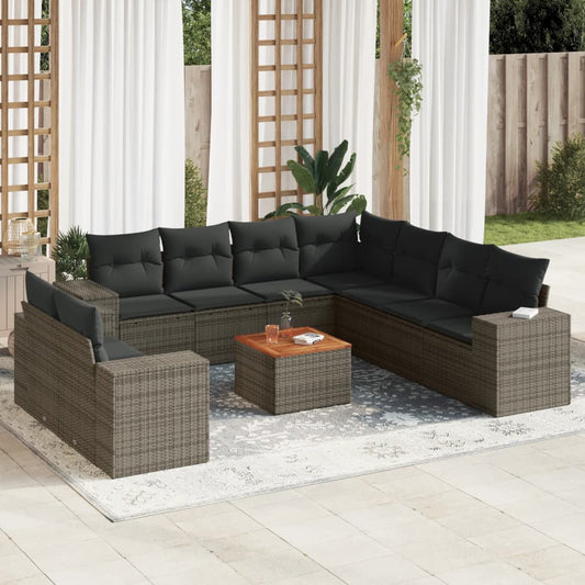 10-delige Loungeset met kussens poly rattan grijs