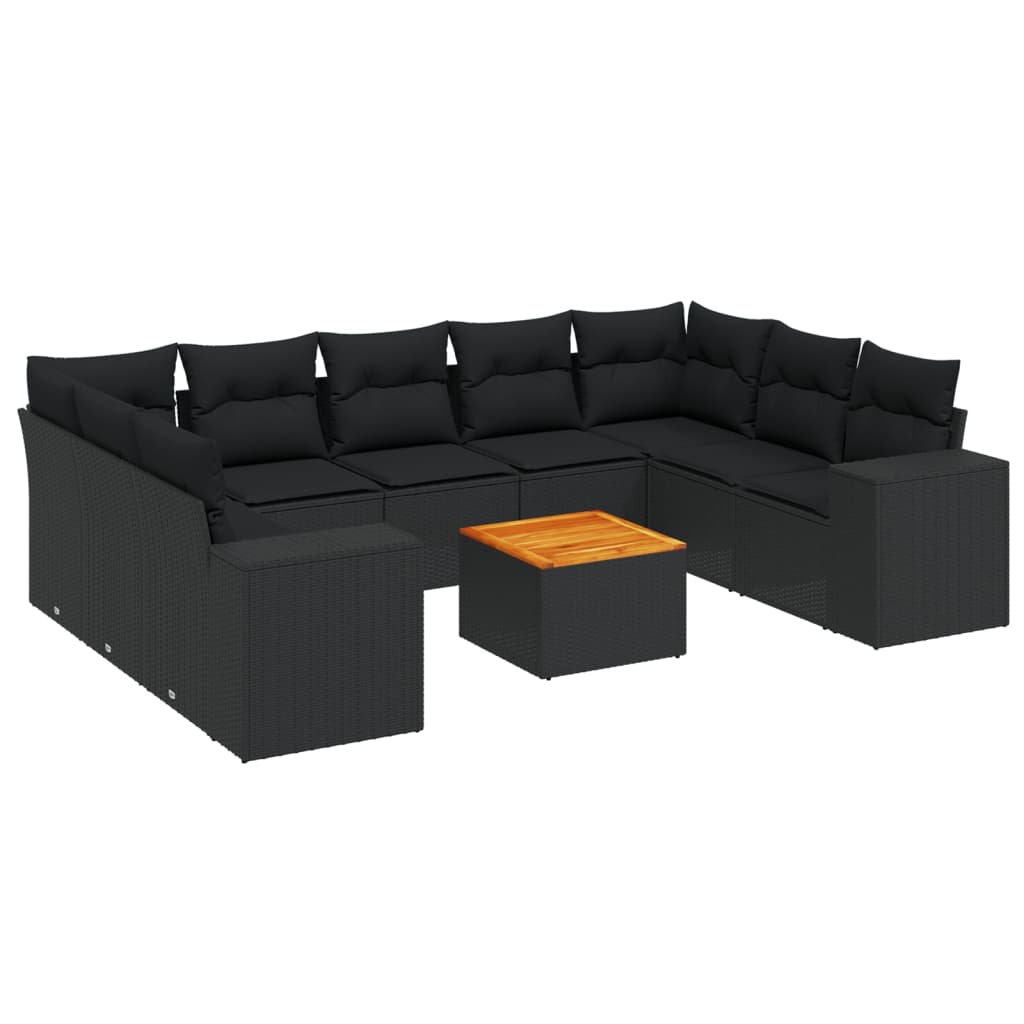 10-delige Loungeset met kussens poly rattan zwart