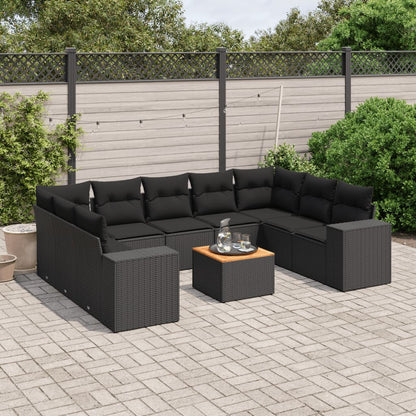 10-delige Loungeset met kussens poly rattan zwart