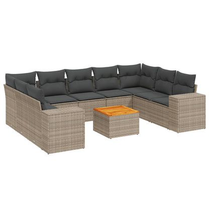 10-delige Loungeset met kussens poly rattan grijs