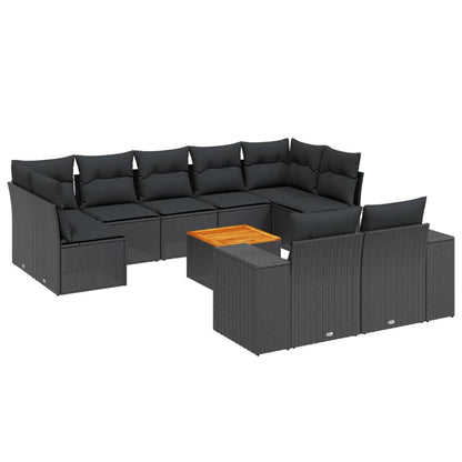 10-delige Loungeset met kussens poly rattan zwart