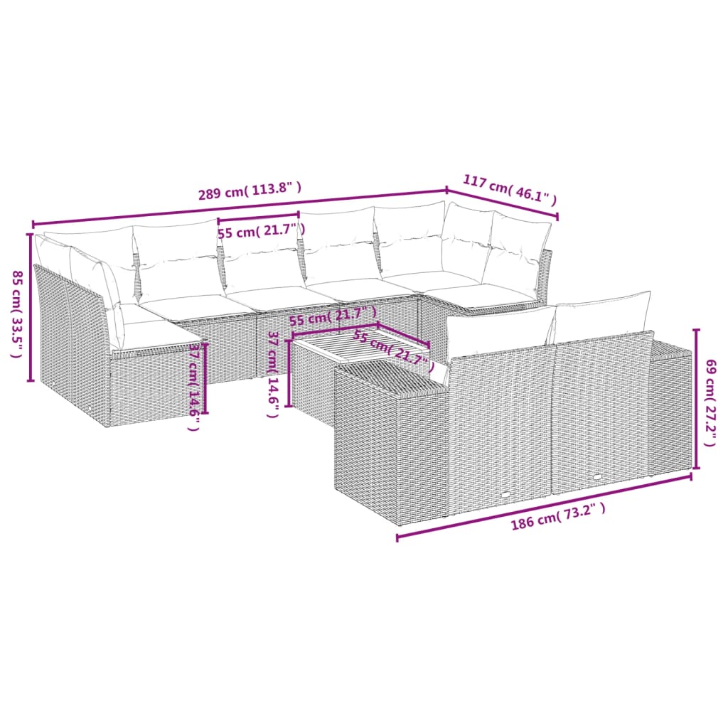 10-delige Loungeset met kussens poly rattan zwart