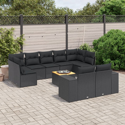 10-delige Loungeset met kussens poly rattan zwart