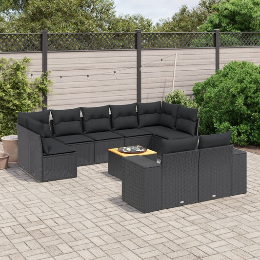 10-delige Loungeset met kussens poly rattan zwart