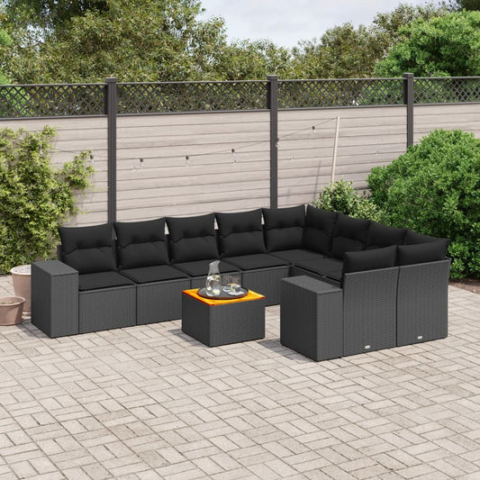 10-delige Loungeset met kussens poly rattan zwart