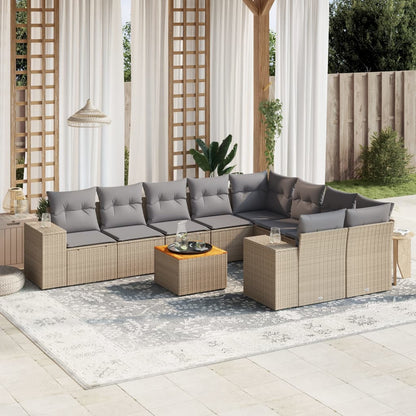 10-delige Loungeset met kussens poly rattan beige