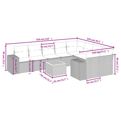 10-delige Loungeset met kussens poly rattan grijs