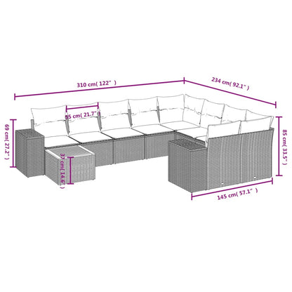 10-delige Loungeset met kussens poly rattan zwart