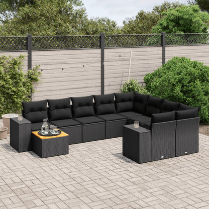 10-delige Loungeset met kussens poly rattan zwart