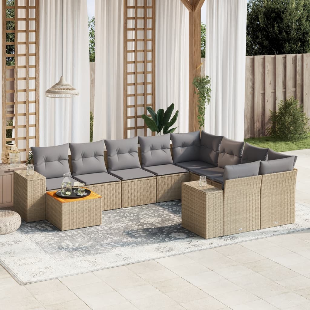 10-delige Loungeset met kussens poly rattan beige