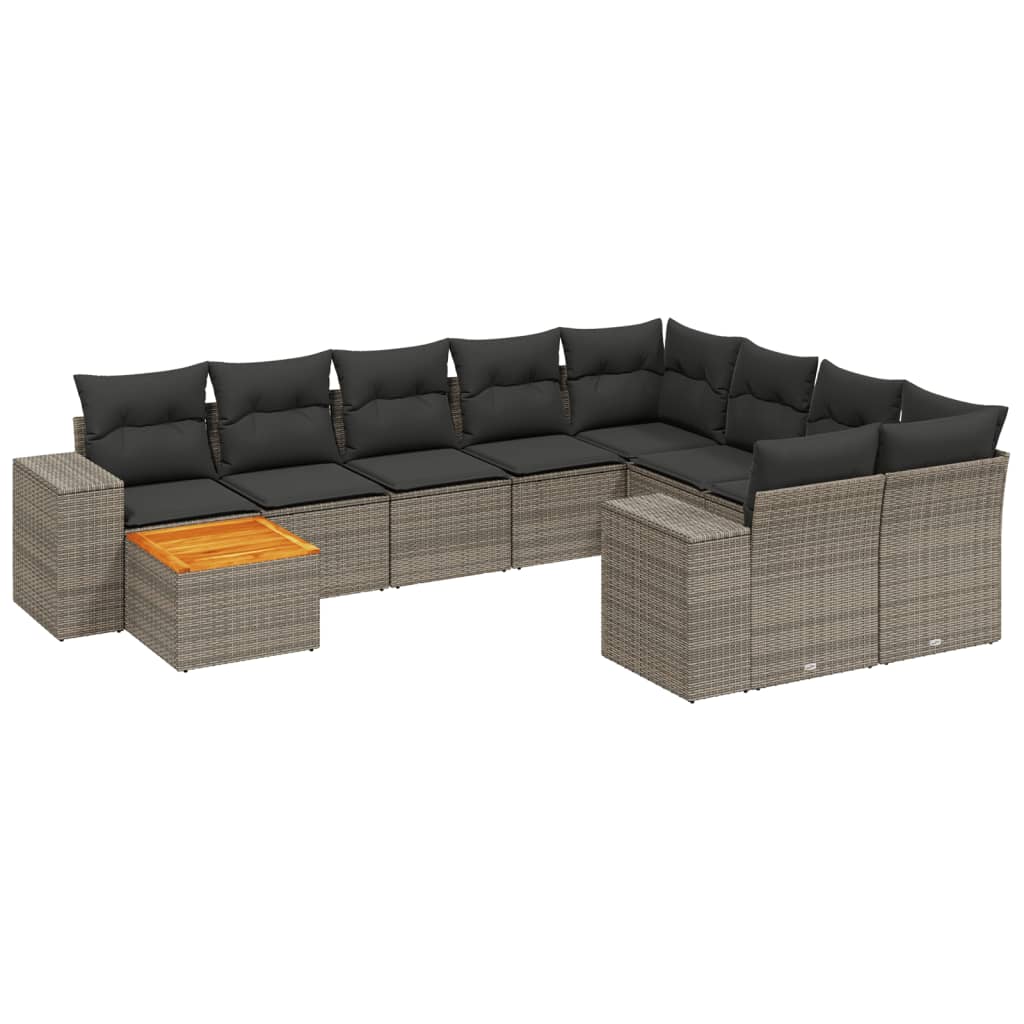 10-delige Loungeset met kussens poly rattan grijs