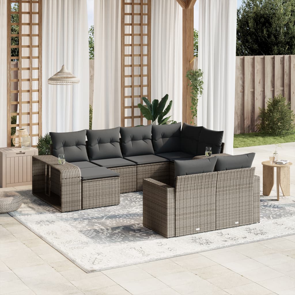 10-delige Loungeset met kussens poly rattan grijs