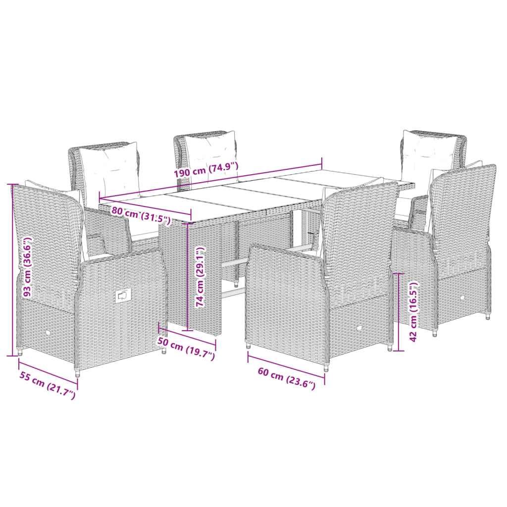 7-delige Tuinset met kussens poly rattan grijs