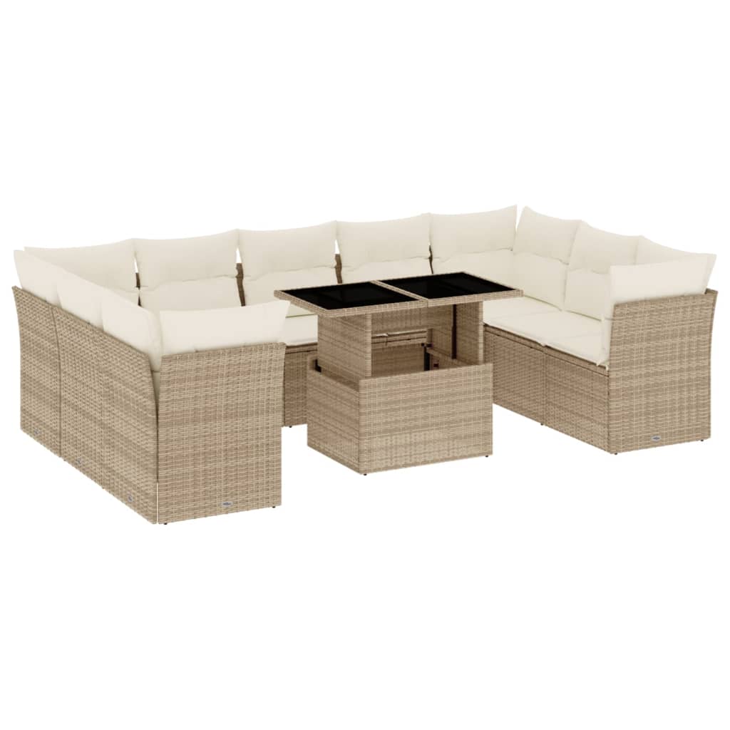 10-delige Loungeset met kussens poly rattan beige