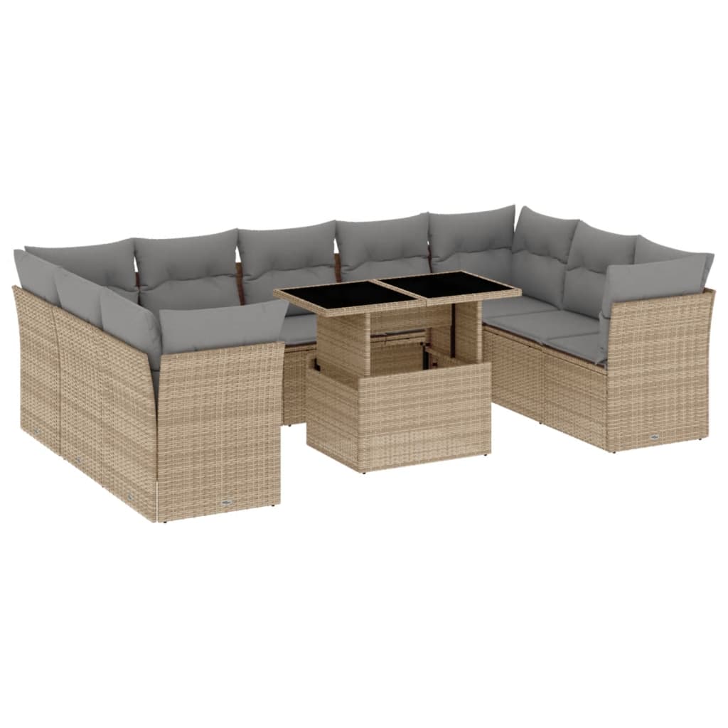 10-delige Loungeset met kussens poly rattan beige