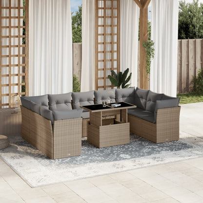 10-delige Loungeset met kussens poly rattan beige