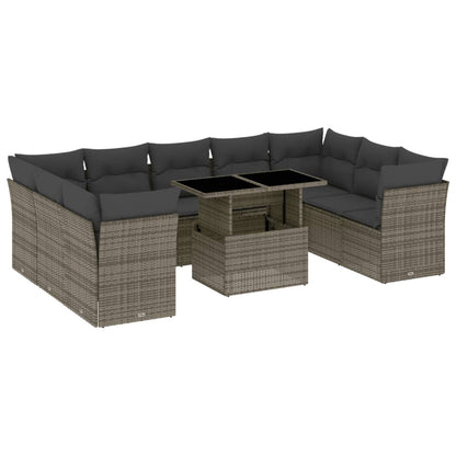 10-delige Loungeset met kussens poly rattan grijs