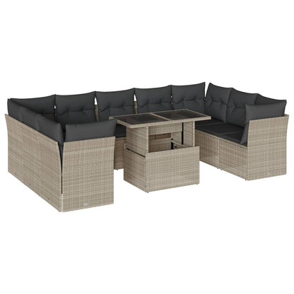 10-delige Loungeset met kussens poly rattan lichtgrijs