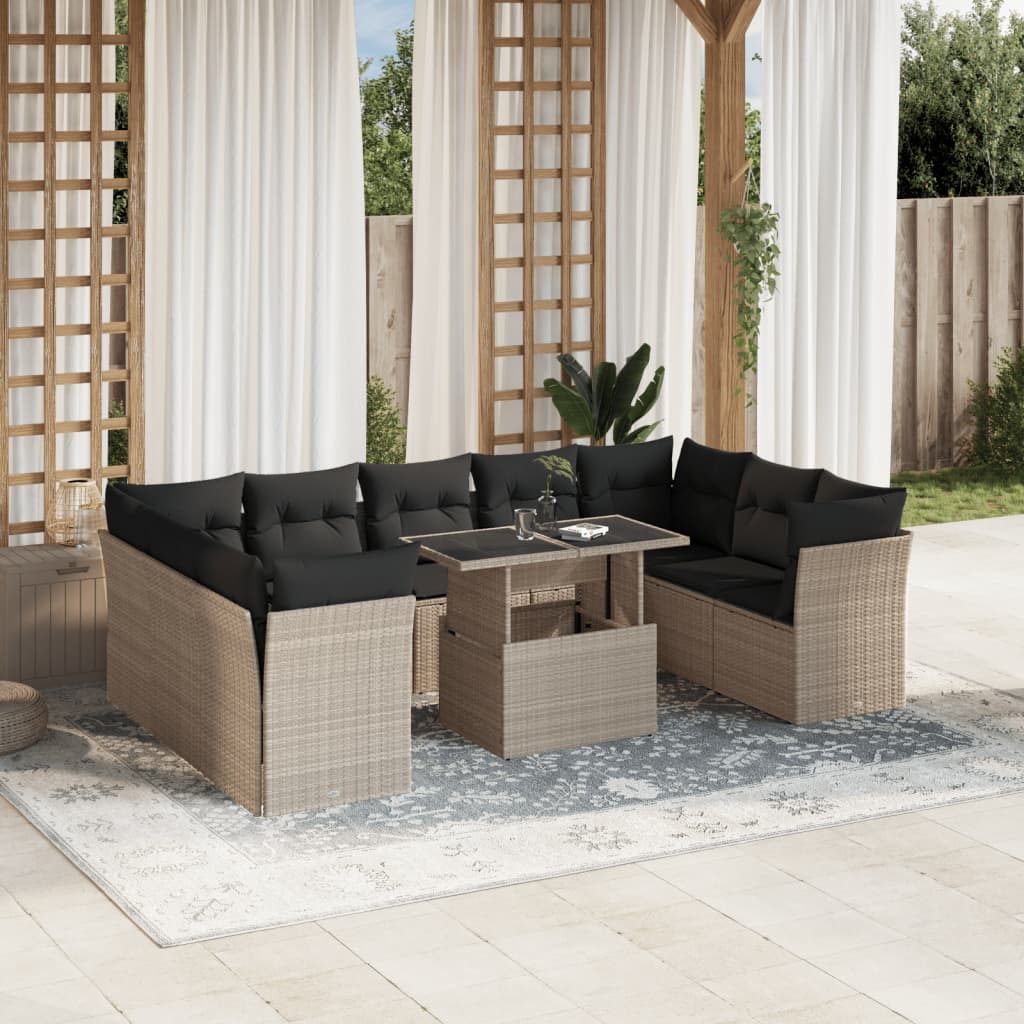 10-delige Loungeset met kussens poly rattan lichtgrijs