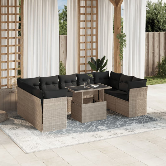 10-delige Loungeset met kussens poly rattan lichtgrijs