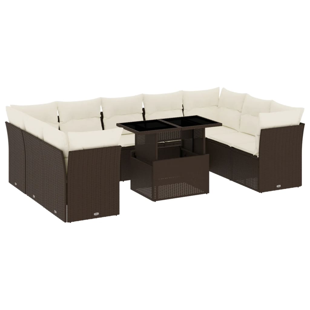 10-delige Loungeset met kussens poly rattan bruin