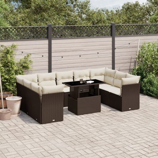 10-delige Loungeset met kussens poly rattan bruin