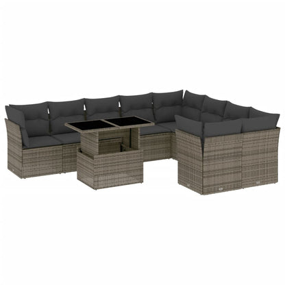 10-delige Loungeset met kussens poly rattan grijs