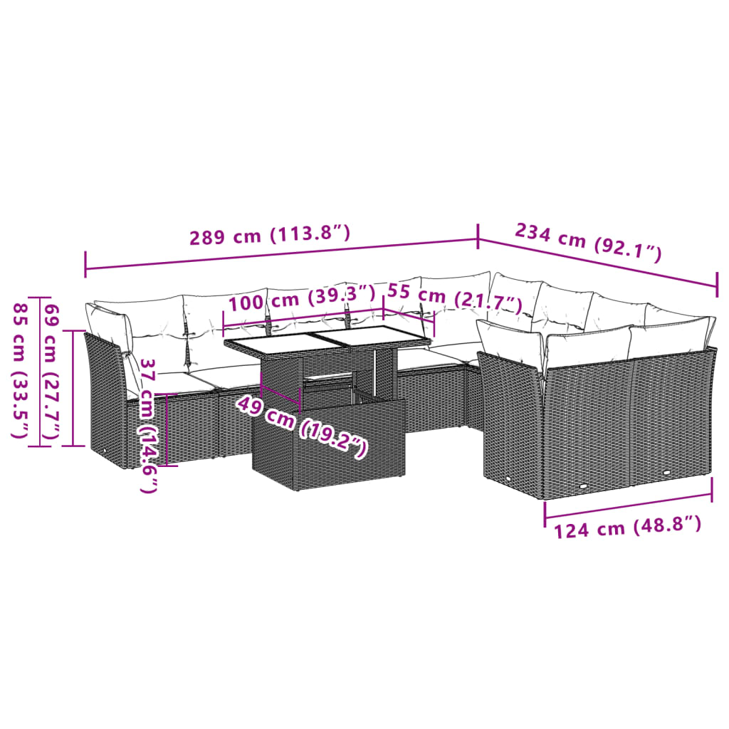 10-delige Loungeset met kussens poly rattan grijs