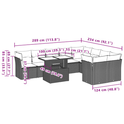 10-delige Loungeset met kussens poly rattan grijs