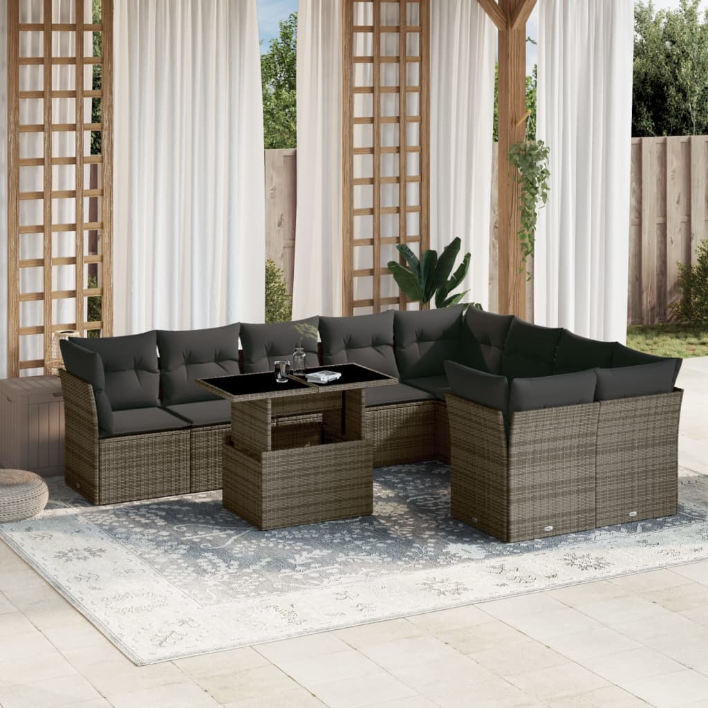 10-delige Loungeset met kussens poly rattan grijs