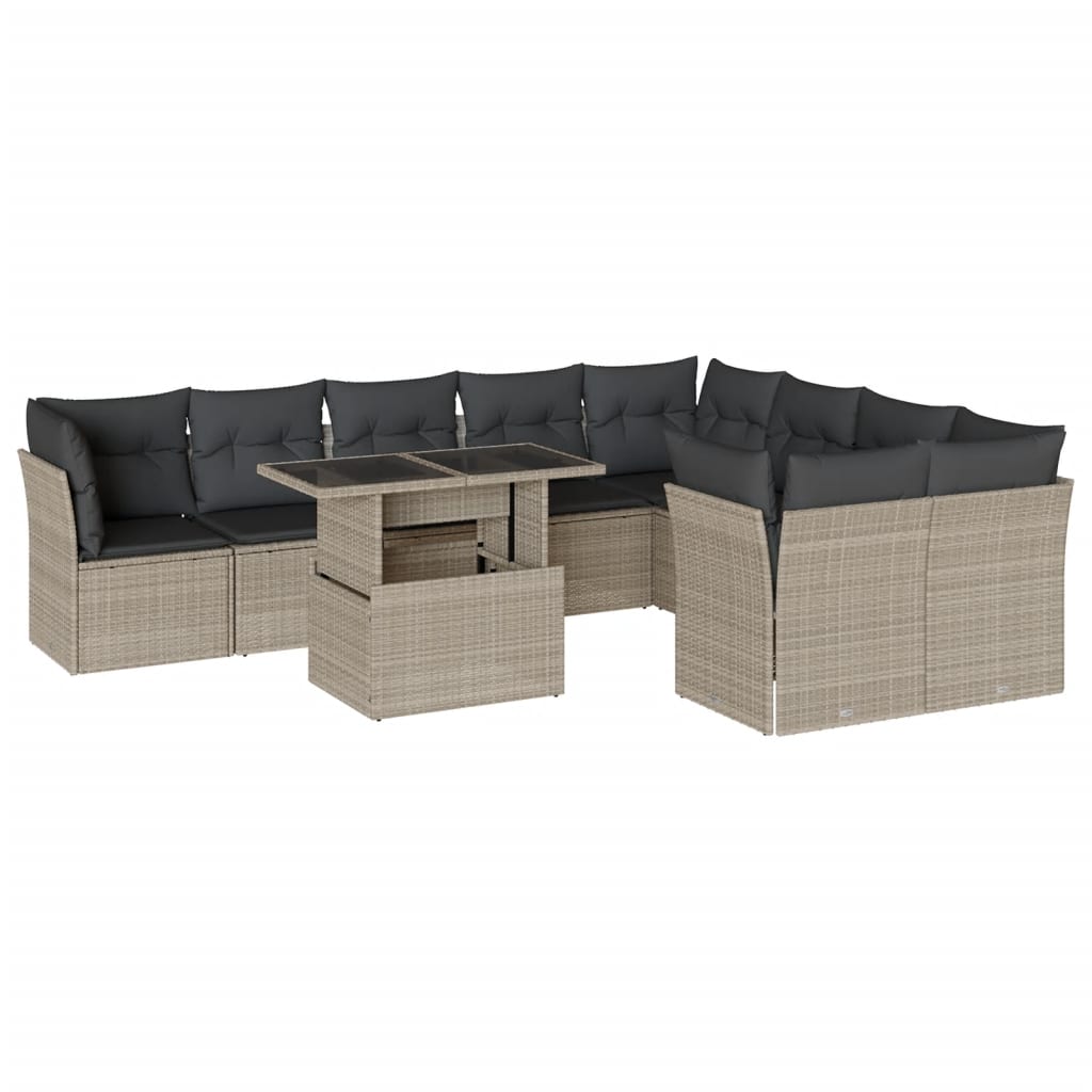 10-delige Loungeset met kussens poly rattan lichtgrijs