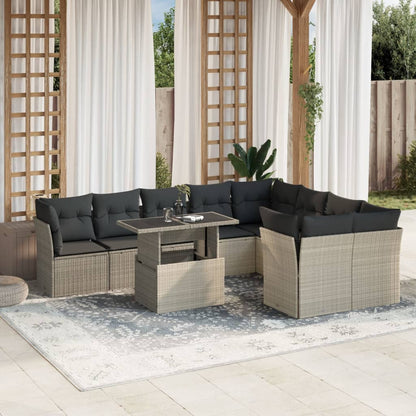 10-delige Loungeset met kussens poly rattan lichtgrijs