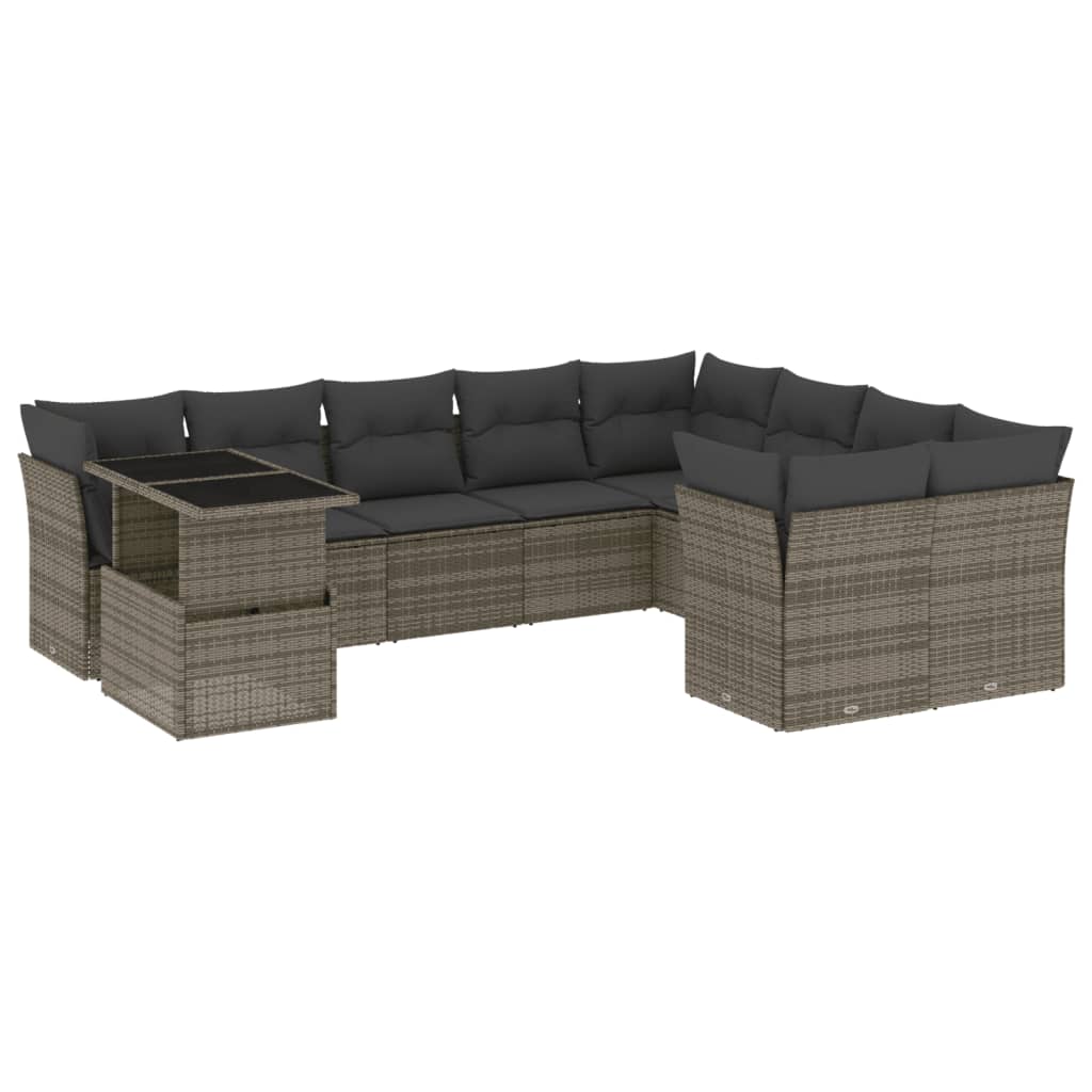 10-delige Loungeset met kussens poly rattan grijs