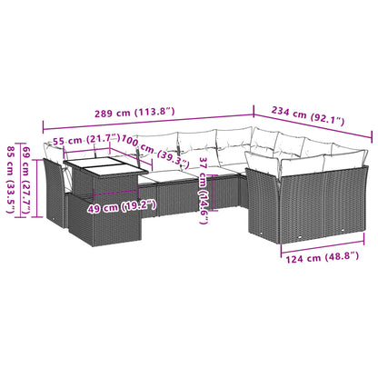 10-delige Loungeset met kussens poly rattan grijs