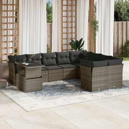 10-delige Loungeset met kussens poly rattan grijs