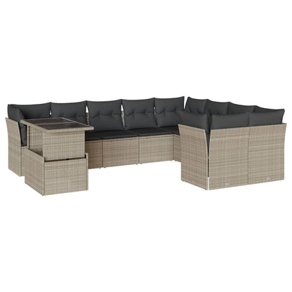 10-delige Loungeset met kussens poly rattan lichtgrijs