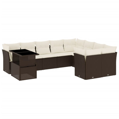 10-delige Loungeset met kussens poly rattan bruin