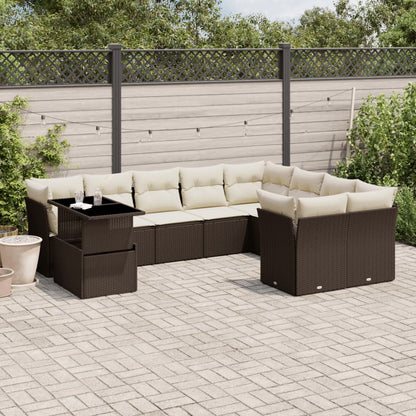 10-delige Loungeset met kussens poly rattan bruin