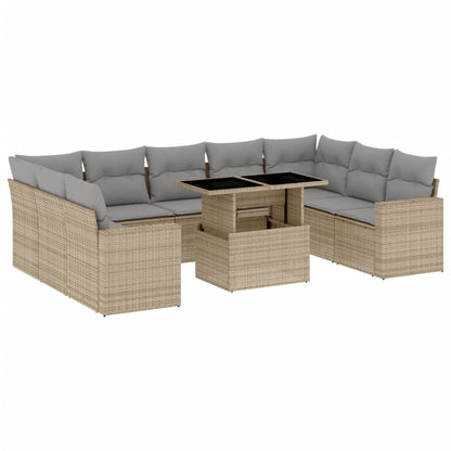 10-delige Loungeset met kussens poly rattan beige