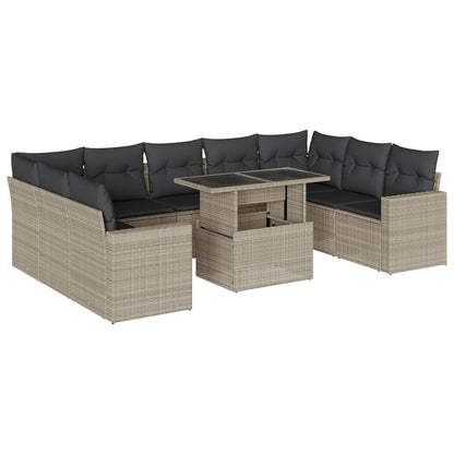 10-delige Loungeset met kussens poly rattan lichtgrijs