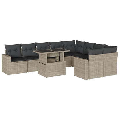 10-delige Loungeset met kussens poly rattan lichtgrijs