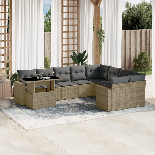 10-delige Loungeset met kussens poly rattan beige