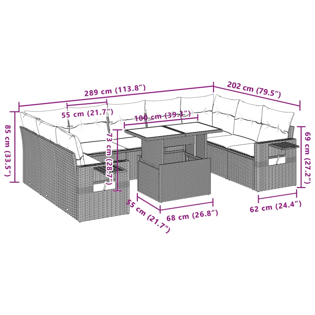 10-delige Loungeset met kussens poly rattan beige