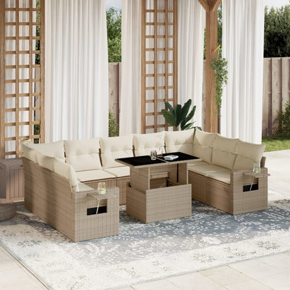 10-delige Loungeset met kussens poly rattan beige