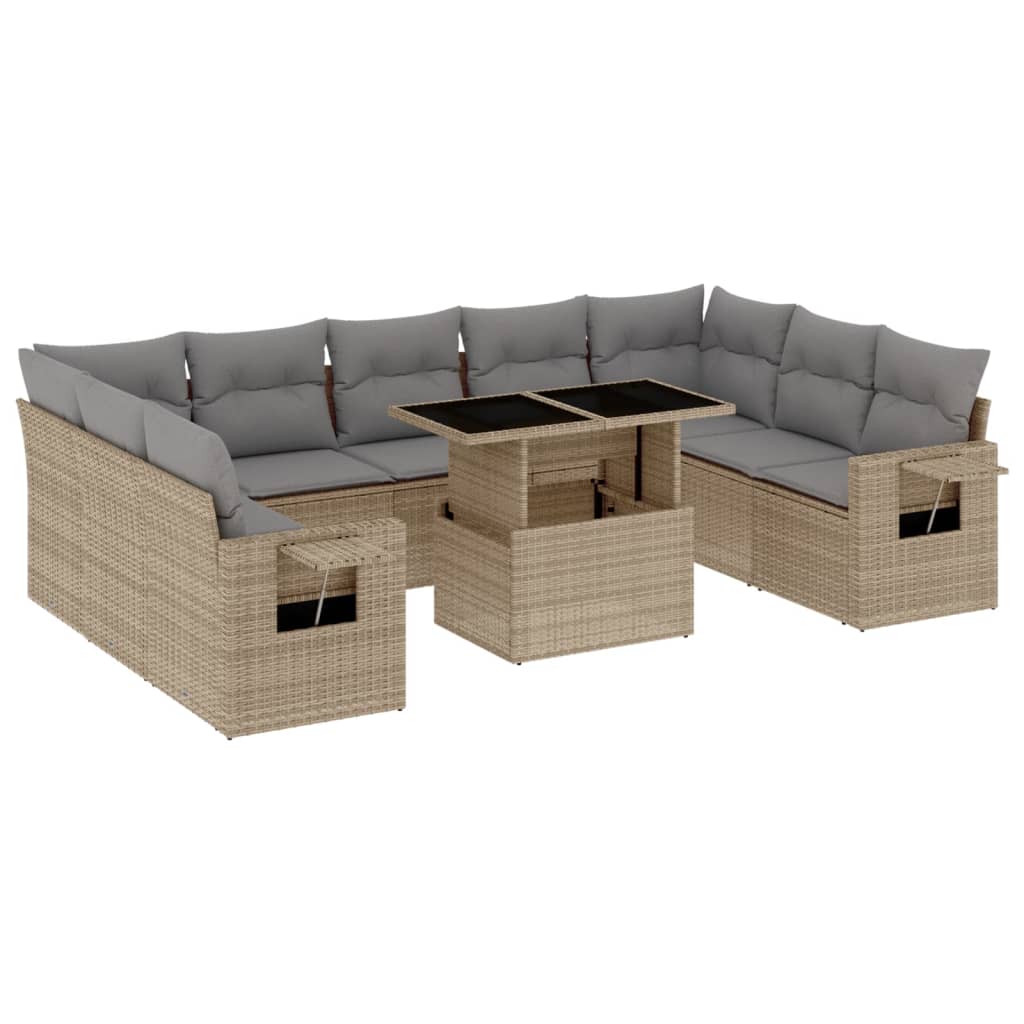 10-delige Loungeset met kussens poly rattan beige