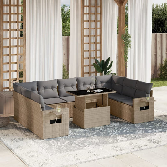 10-delige Loungeset met kussens poly rattan beige