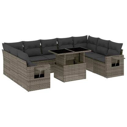 10-delige Loungeset met kussens poly rattan grijs