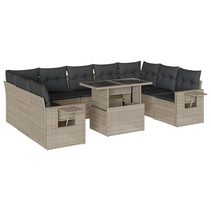 10-delige Loungeset met kussens poly rattan lichtgrijs