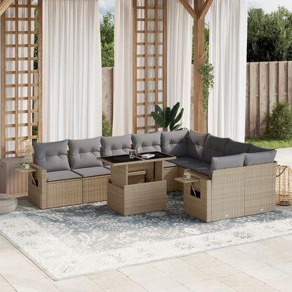 10-delige Loungeset met kussens poly rattan beige