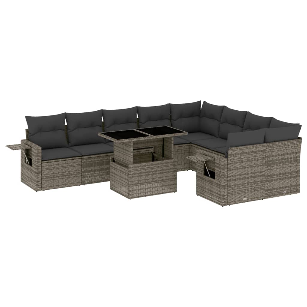 10-delige Loungeset met kussens poly rattan grijs